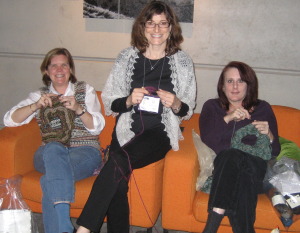 Elaine, Anne and Val, knitting on the Madrona couch. 2012?