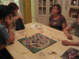 Jill, my daughter Deborah, Elaine and Val.  We were playing a Pride and Prejudice board game...and knitting, of course!