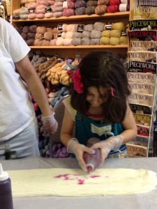 Carolyn also dyed her first skein of yarn.  She likes pink, and was very careful not to make a mess.