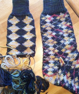 Knitting a mate for Ultimate Argyle sock.  Sock Yarn is BMFA STR lightweight. Duplicate stitch yarn is BMFA Silkie.