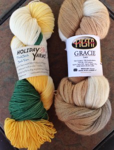 Holiday Yarns Flock Sock (U of O Duck colors!) and Fiesta Yarns Gracie Lace.  The color is "Vanilla", and I love its subtle elegance.