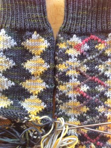 RS shown.  Sock on the left has been blocked, and Accent lines added with duplicate stitch.