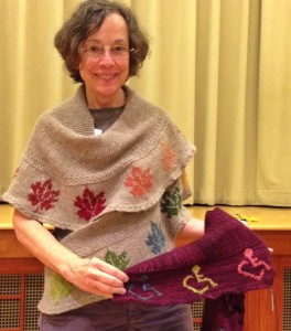 Val McPherson, designer of the Seneca Maples version of the Namanu shawl, is a member of RKG, and was there to model her shawl.  She also shared her other version of the shawl, with a special motif she designed for her grandson, who uses a wheel chair due to a spinal disease.