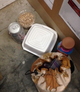 Emergency rations in the corner under the table.  Unfortunately, I never had a minute to take a break.  I sipped the chocolate milk a bit, that kept me going.