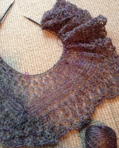 Rock Island shawl, about halfway through the lace chart for the body.  Size 7 needles, Karbonz circulars.  Yarn is Malabrigo Baby Silkpaca Lace