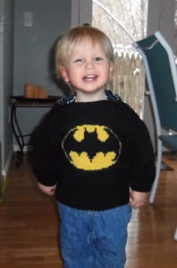 Owen, modeling the "Batman" sweater that Gramma Mary knit for him.  That is a happy, handsome superhero, if I ever saw one.