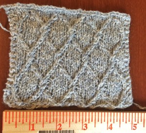 Swatching for "Chainmail" sweater. Yarn is Simply Shetland silk & lambswool, in Shade 001. I love it a lot. 